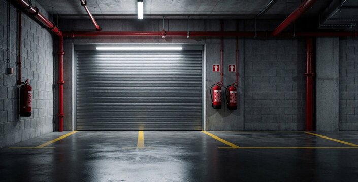 Empty modern underground parking garage with closed metal shutter door. Industrial basement interior features grey concrete walls, red pipes, fire extinguishers, safety equipment. Dimly lit parking