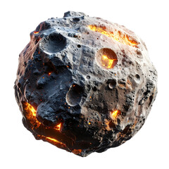 Fototapeta premium Asteroid planet rock floating in space with glowing molten lava craters and rough textured surface for science education projects