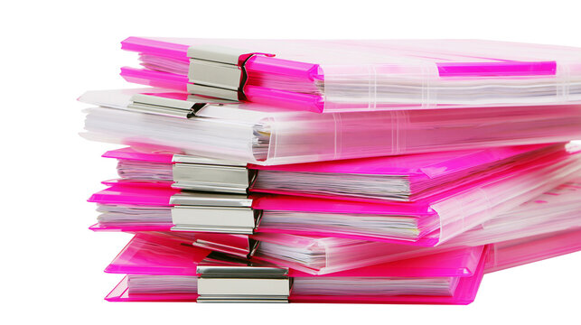 Isolated pile of vibrant pink folders with documents, secured by metal binder clips.