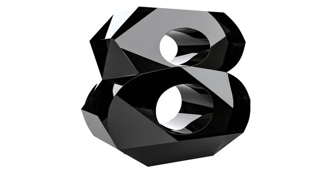 Isolated black geometric faceted object resembling stacked rings or number eight abstract modern 3D render
