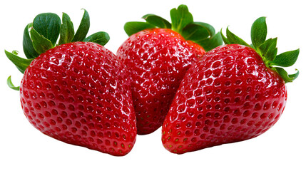 Isolated three fresh ripe red strawberries with green leaves, delicious healthy sweet juicy fruit © Gabriel