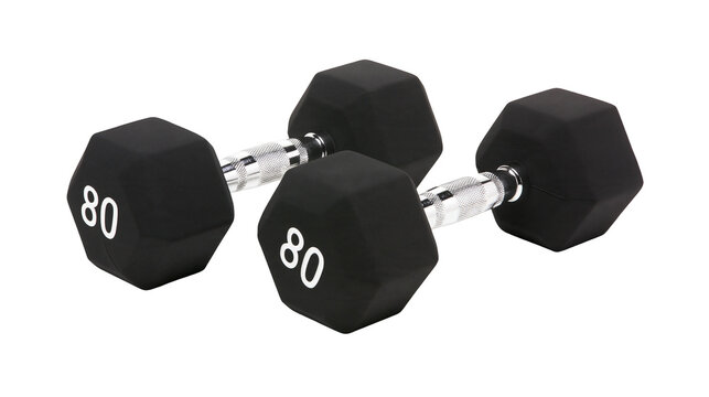 Isolated pair of heavy 80 pound hexagonal dumbbells for fitness and strength training workout