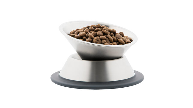 Isolated elevated stainless steel pet food bowl with dry kibble for dog or cat feeding.