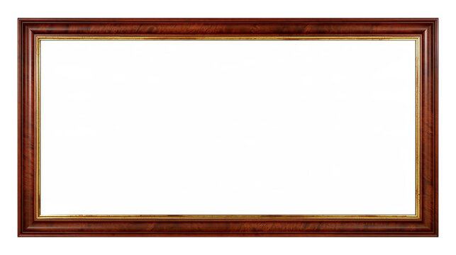 Isolated elegant antique dark brown wood picture frame with ornate gold border, blank.