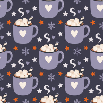 Cute winter seamless pattern with mugs of hot chocolate, marshmallows, stars, snowflakes and hearts. Cozy vector design perfect for textiles, wallpaper, wrapping paper and holiday decor.