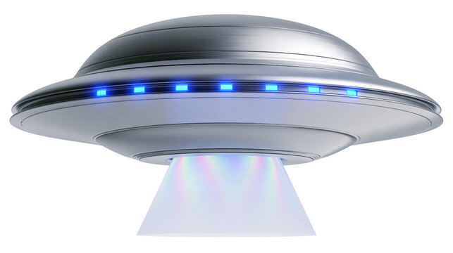 Isolated futuristic metallic flying saucer with glowing blue lights and energy beam