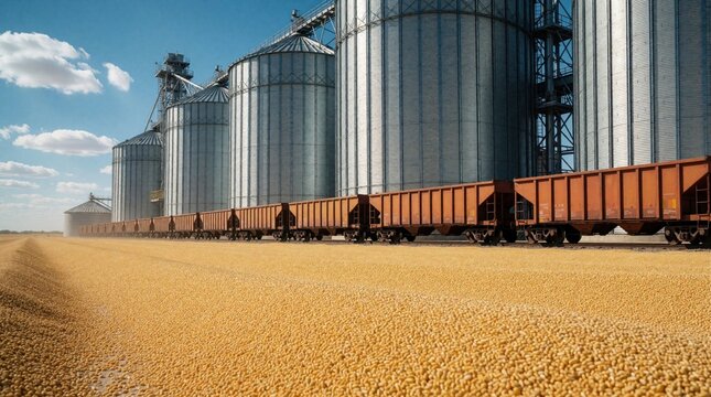 Large metal grain silos stand behind long freight train with hopper cars. Yellow corn wheat spills across ground in foreground. Industrial agriculture facility stores, transports massive amounts of