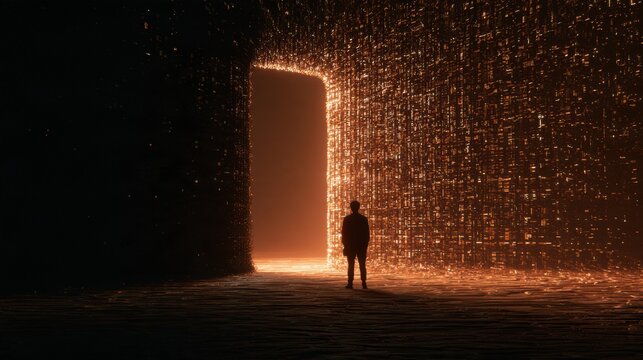 An abstract scene features an individual at a glowing amber doorway, symbolizing newfound access to financial resources as exclusion fades.
