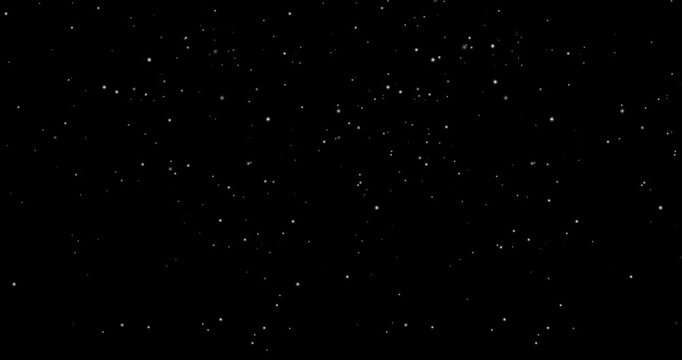 Falling snow particles animation with alpha channel, soft white flakes drifting downward on transparent background for winter and Christmas compositing
