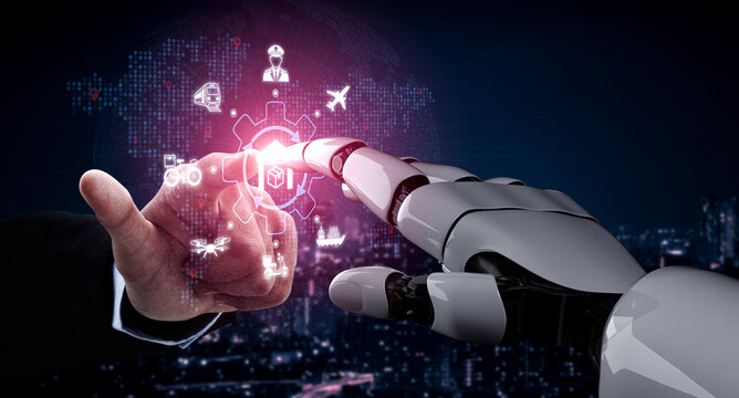 A striking depiction of a human hand reaching towards a robotic hand, symbolizing the fusion of technology and humanity, set against a futuristic digital backdrop. Nascent