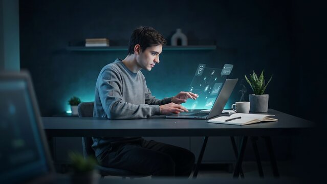 Young man using laptop with cyber security data interface in dark