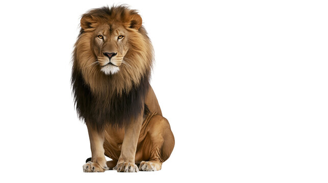 Isolated male lion sitting majestically, powerful wild cat with a commanding, direct gaze