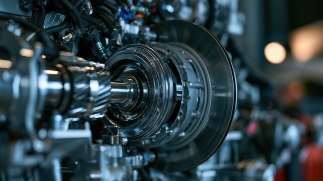 機械の精密な金属部品がクローズアップで写っている。工業や製造業の技術紹介や解説に使える素材