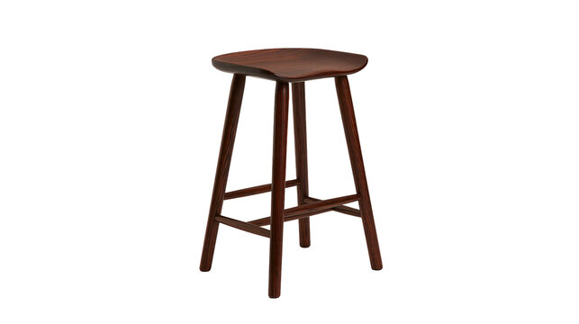 Isolated wooden bar stool with saddle seat, dark brown wood texture, elegant home furniture