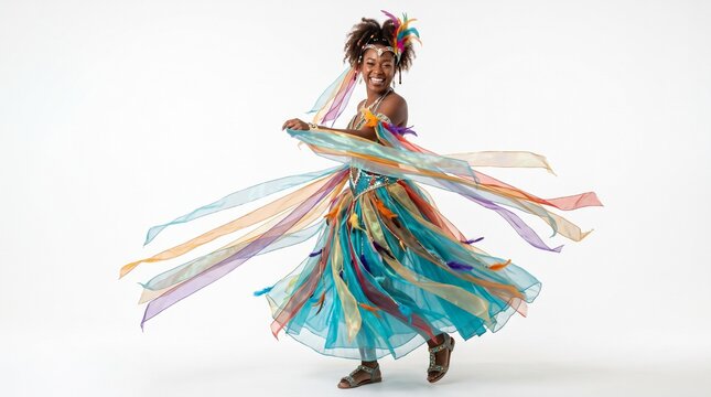 Joyful woman in vibrant carnival costume dancing with flowing colorful ribbons and feathers