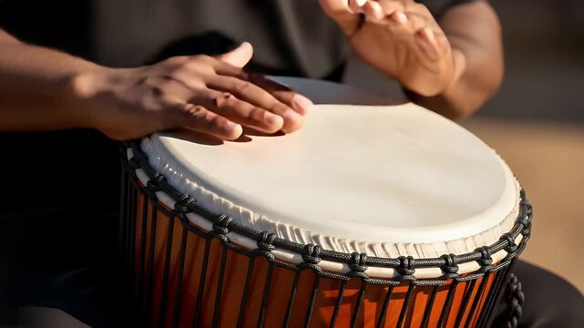 Person playing djembe drum. Musician hands performing rhythmic percussion on wooden instrument.