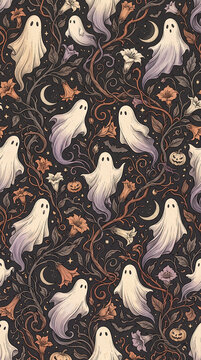 Spooky Cute Halloween Seamless Pattern with Translucent Ghosts, Florals and Pumpkins