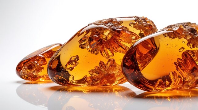 Macro shot of orange amber stones with unique crystal inclusions on white background. Glowing translucent resin gems show natural texture, golden hue. Precious fossilized organic minerals lie on