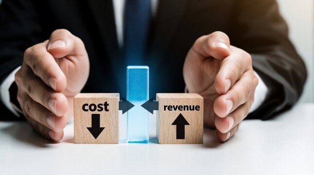 Businessman holds wooden blocks with cost down, revenue up text. Person shows financial strategy to increase profit, reduce expenses. Concept of business growth, economic success, smart budget