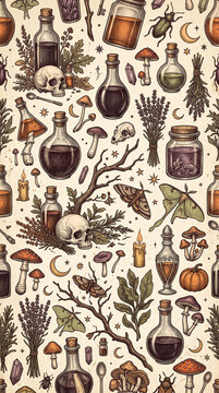 Seamless witch apothecary pattern with magical potions, herbs, and skulls.