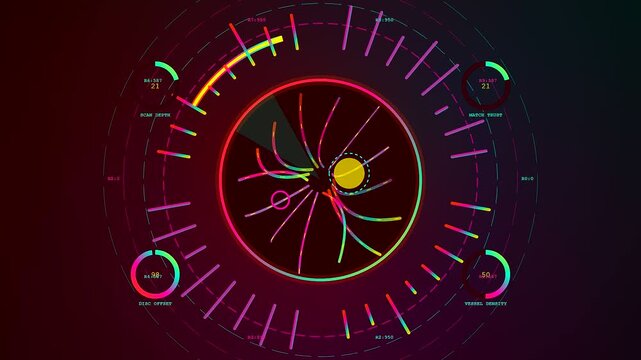 A biometric validate interface displays rotating radial elements with colorful data points circling a central luminous sphere on a deep dark red digital monitor screen display