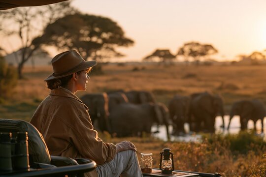 Woman in safari hat watches elephants at watering hole. Vehicle interior with lantern and glasses