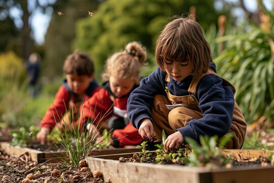 Children planting seedlings in a garden bed for outdoor learning. Young students engage in hands-on nature education activities. Cultivating green thumbs promotes environmental awareness