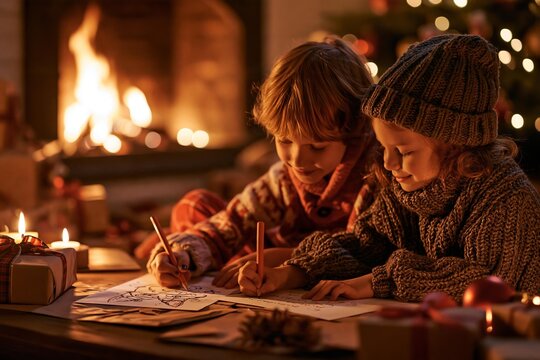 Siblings sit together writing letters by a crackling brick fireplace indoors. Children in winter clothing hold colored pencils sketching holiday cards
