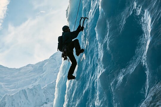 Climber scales steep frozen blue ice wall using specialized tools and crampons. Mountaineer ascends vertical glacial crevasse with safety rope and ice axes