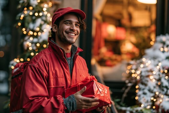 Delivery man in red uniform holds gift outside store in winter. He wears a cap and jacket, smiling broadly. Seasonal commerce and holiday spirit are evident