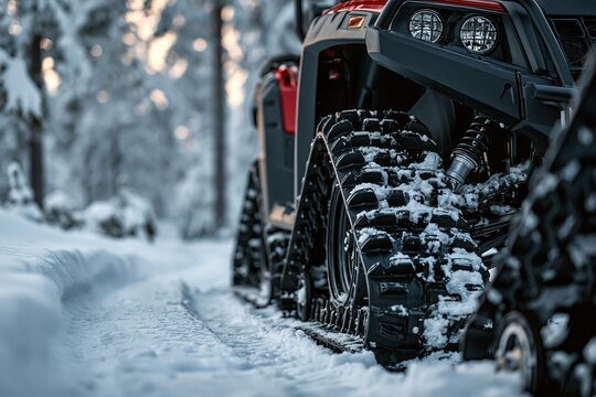 All-terrain vehicle with specialized snow tracks navigates winter forest. Heavy machinery equipped for extreme weather conditions moves across snow