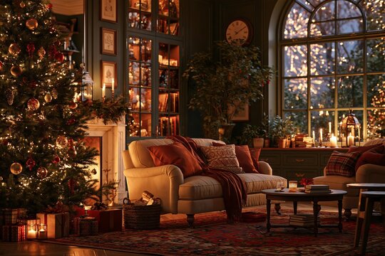 Cozy living room with Christmas tree and gifts. Fireplace with candles and a sofa with cushions