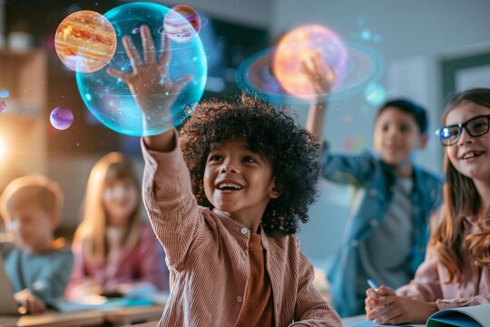 Children engage with holographic planets in a classroom. Students explore space models using interactive augmented reality. Education technology enhances future learning and discovery