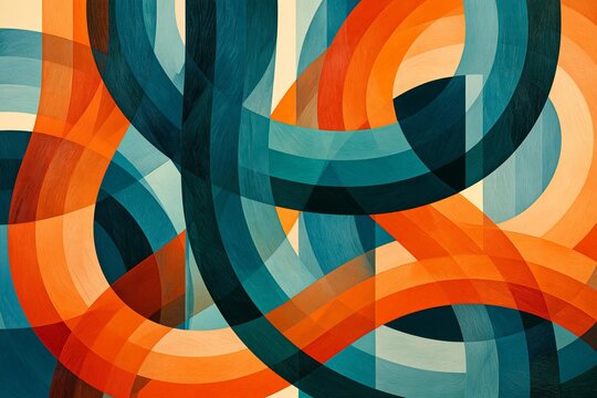 Geometric patterns with curved lines and blocks of color. Abstract background design using teal and orange hues. Modern art composition with intersecting shapes and textures