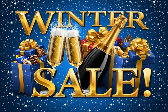 Winter sale advertised with champagne and gifts. Festive bottles and glasses with bokeh lights