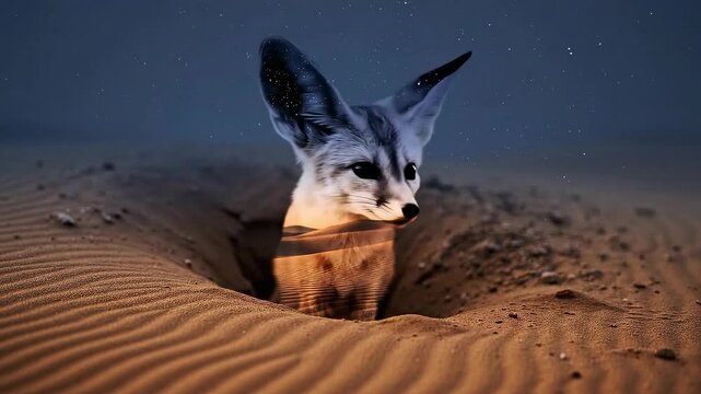 Fennec fox with large ears emerges from the desert sand during twilight