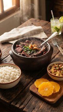 A hearty bowl of feijoada, a traditional Brazilian stew, is served with fluffy white rice, sliced oranges, and a refreshing caipirinha, set against a rustic wooden table with soft window light.