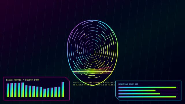 Digital fingerprint scan with biometric validate animation showing real time data flow and circular light patterns as a user access control identification interface on dark display