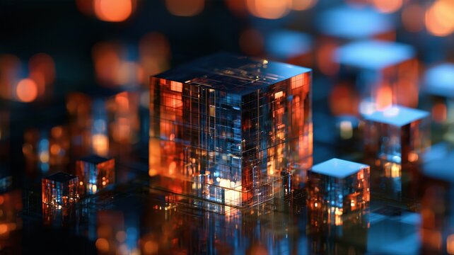 光を反射する透明な立方体が並んでいる様子。テクノロジーや未来的なイメージのデザイン素材