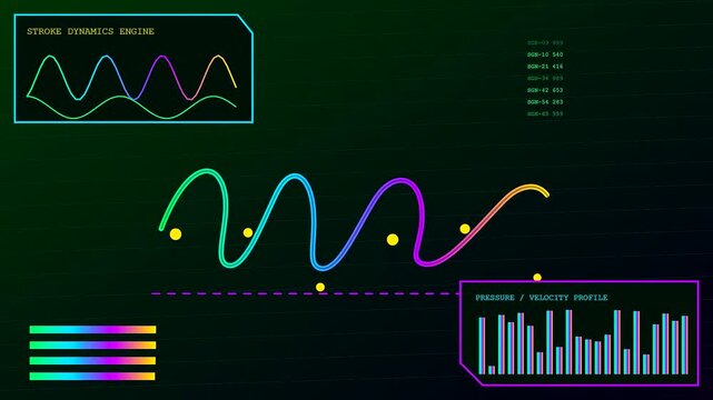 Digital waveforms displaying a biometric validate process shown through a stream of shifting neon light lines and bar graphs on a dark panel screen surface
