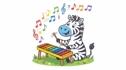 Fototapeta premium Cute Cartoon Zebra Playing Colorful Xylophone with Musical Notes for Children
