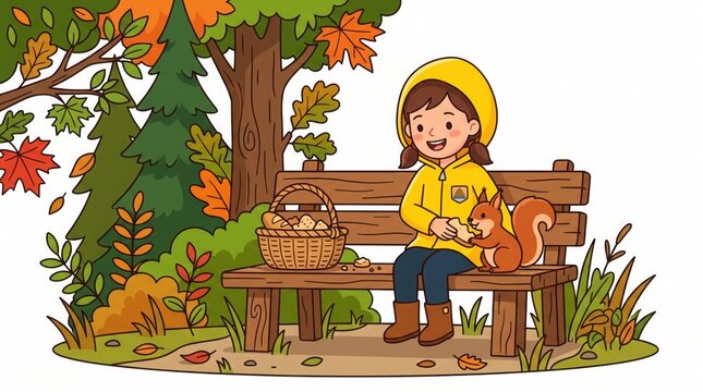 Little Girl Sitting on a Wooden Park Bench Feeding a Cute Squirrel in a Colorful Autumn Forest Scene with Fallen Leaves and a Basket of Mushrooms