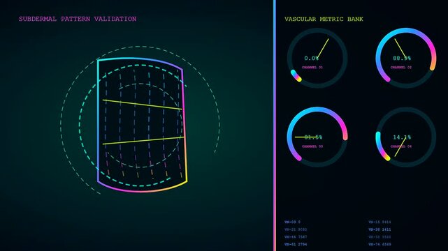 A digital biometric validate interface displays fluctuating circular loading charts and vertical grid lines over a deep dark blue screen while flickering data points shift constantly