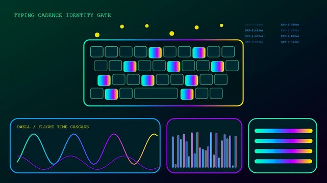A biometric validate process showing digital keyboards with glowing keys and fluctuating wave patterns on a dark screen representing advanced data monitoring for secure user authentication