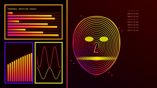Digital biometric validate scan displayed on a dark virtual interface screen with glowing contour face mapping lines and scrolling data charts for security analysis monitoring