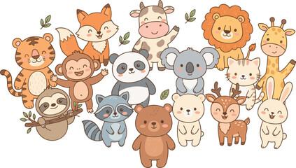 Fototapeta premium Cute baby animals vector cartoon character collection set with lion tiger koala bear panda monkey giraffe and sloth