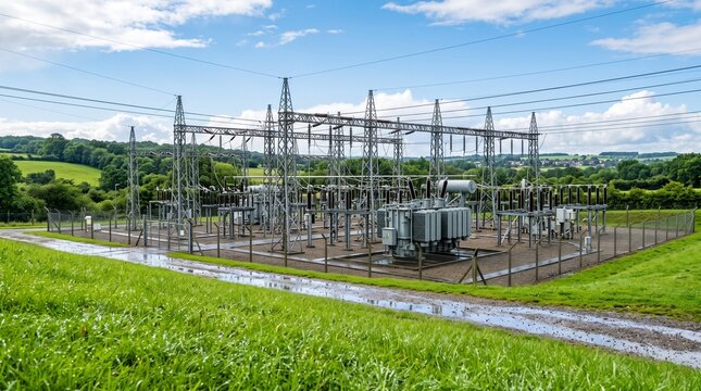 Electrical substation with transformers and power lines in a green rural landscape under a cloudy sky