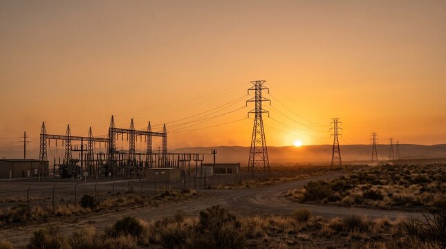 Electrical substation and power lines silhouetted against a vibrant orange sunset in a dry, arid landscape