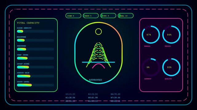 Digital biometric validate interfaces display moving graphs and neon circular metrics within a dark virtual monitoring environment for complex data analysis of individual user identity