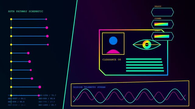 A biometric validate sequence displays scanning waveforms with digital identity profiles in a neon interface showing authorization checks and glowing lines of data during system monitoring